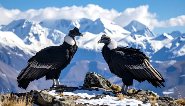 Two Andean condors stand sentinel atop a snowy mountain peak, their black plumage contrasting beautifully with the white snow and blue sky.
