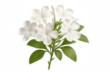 Illustration of delicate white flowers with green leaves on a transparent background, perfect for adding a touch of elegance to any design