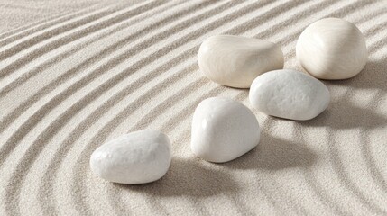 White zen stones and natural pebbles balance on sand in a tranquil spa garden, promoting harmony and relaxation
