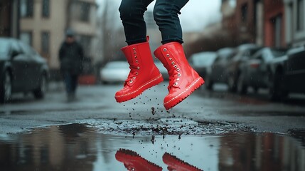 Red boots jumping in a puddle on a rainy day showing joy and freedom in an urban environment with cars blurred