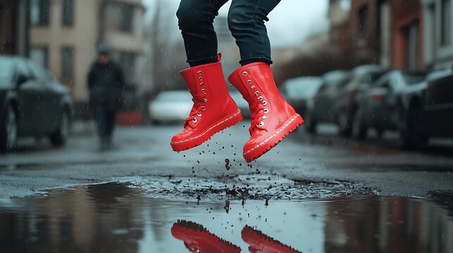 Red boots jumping in a puddle on a rainy day showing joy and freedom in an urban environment with cars blurred