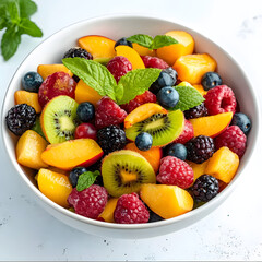 bowl of mixed fruit salad with watermelon pineapple kiwi grapes and berries bright vibrant colors soft natural lighting clean white backdrop