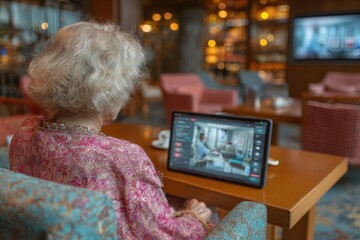 Senior Woman Using Tablet Device in Cozy Lounge Setting