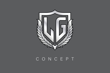 LG Creative Initial Letter Logo with Shield and Laurel Wreath Silver Metallic Branding Emblem on Gray Background.
