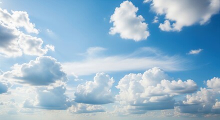Fototapeta premium Cloudscape: A pristine canvas of a clear azure sky, adorned with fluffy white clouds. Capturing a sense of tranquility and the boundless expanse of the atmosphere.