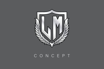LM Creative Initial Letter Logo with Shield and Laurel Wreath Silver Metallic Branding Emblem on Gray Background.