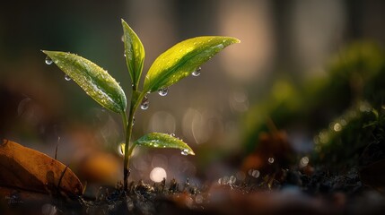Young sapling emerging from rich soil, sunlight filtering through leaves in a detailed macro view.