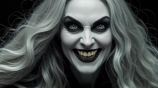 Terrifying witch with long flowing hair and evil grin casting a spell in dark setting