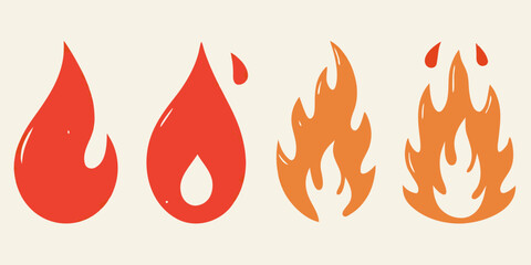Four stylized flame icons in red and orange colors on a cream background representing different stages of fire