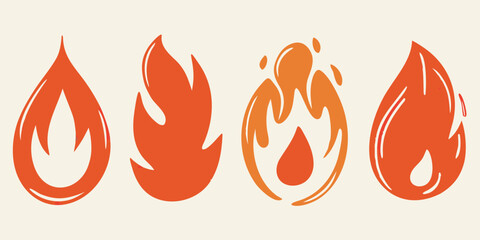Collection of stylized abstract flame shapes in warm orange and red colors on a light background