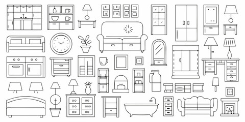 Collection of hand drawn line art icons representing various home furniture and decor items