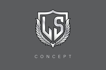 LS Creative Initial Letter Logo with Shield and Laurel Wreath Silver Metallic Branding Emblem on Gray Background.