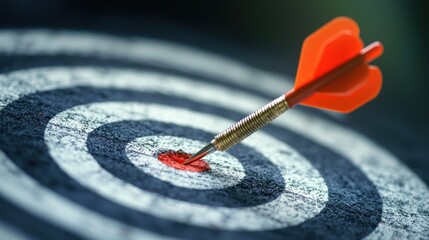 A red dart with a gold tip is stuck in the center of a black and white target with concentric circles.