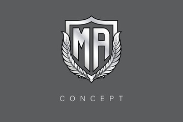 MA Creative Initial Letter Logo with Shield and Laurel Wreath Silver Metallic Branding Emblem on Gray Background.