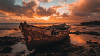 A weathered wooden boat sits on a sandy beach at sunset with the sun casting a golden light across the water.