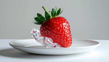 Perfect strawberry with artistic glass bloom effect on minimalist white plate - creative food photography for gourmet restaurant menu and upscale catering branding