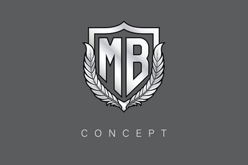 MB Creative Initial Letter Logo with Shield and Laurel Wreath Silver Metallic Branding Emblem on Gray Background.