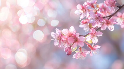 A branch of cherry blossoms with pink flowers against a blurred background.