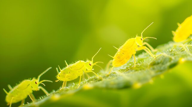 Tiny yellow aphids marching in a line on a green plant stem