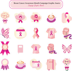 Collection of pink vector icons for Breast Cancer Awareness Month, featuring ribbons, symbols of fighting, and hope, ideal as graphic elements for support campaigns and charity events.