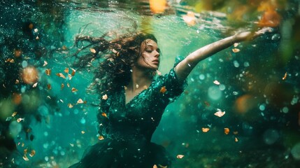 A woman with long brown hair, wearing a green dress, floats underwater surrounded by golden leaves.