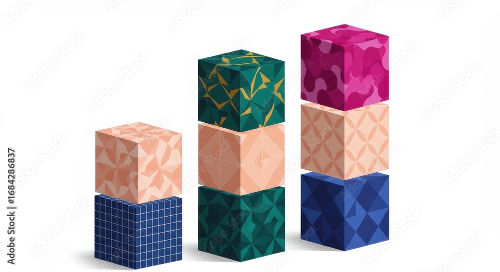 Poster stacked decorative cubes in varying colors and patterns illustrate a graphic design concept.