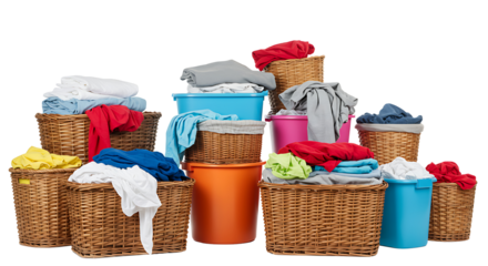 Household chores concept with numerous wicker and plastic laundry baskets full of colorful garments stacked together on a clean white background