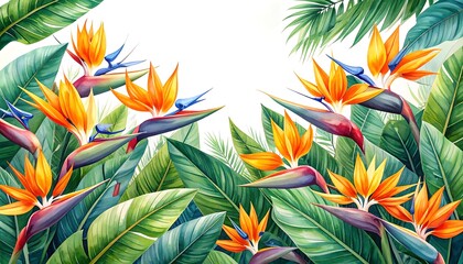 Vibrant tropical flowers and leaves
