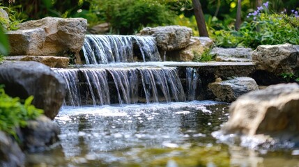 Naklejka premium A serene garden scene with a waterfall, rocks, and lush greenery.