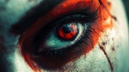 Naklejka premium Close-up of a woman's eye with red contact lenses and makeup.