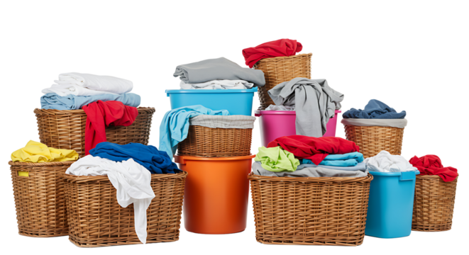 Household chores concept with numerous wicker and plastic laundry baskets full of colorful garments stacked together on a clean white background