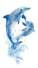 Naklejka premium Two playful dolphins leap through splashing water, showcasing their graceful movements in a serene aquatic scene.