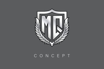 MQ Creative Initial Letter Logo with Shield and Laurel Wreath Silver Metallic Branding Emblem on Gray Background.