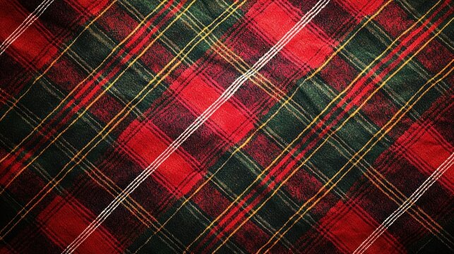 A red and green tartan plaid fabric with diagonal stripes. - Powered by Adobe