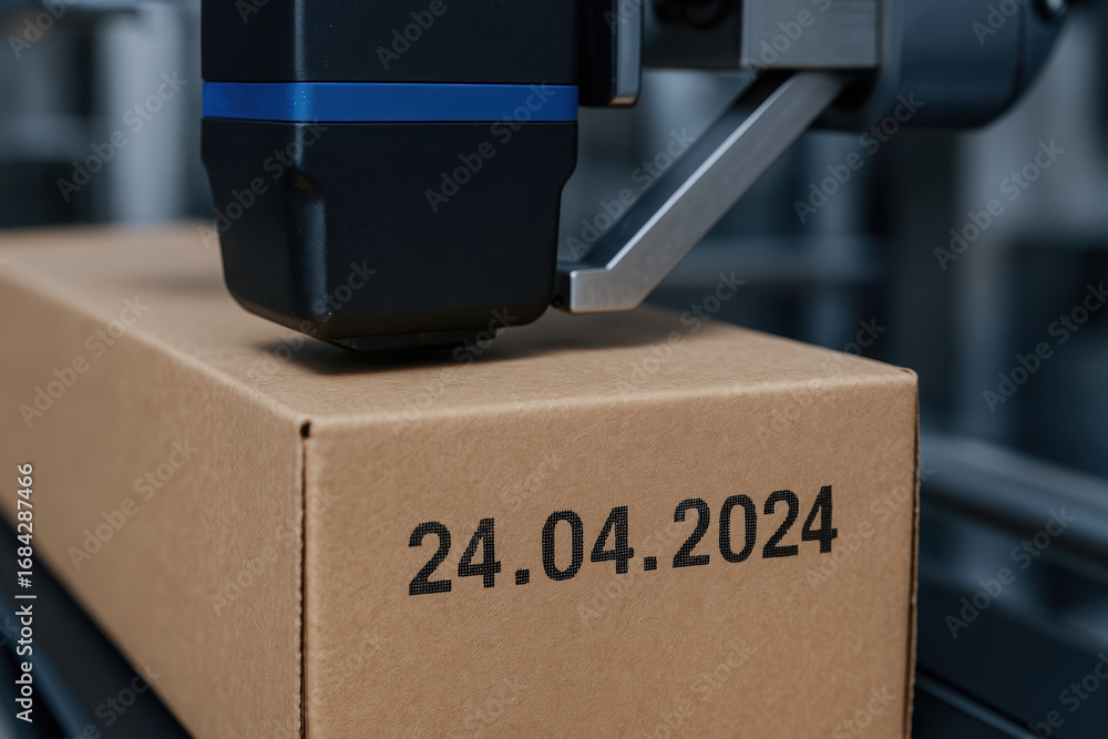 Poster packaging machine printing date on cardboard box in food processing industry for quality control and