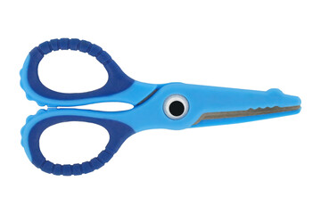 Cutout of an isolated cute cartoonish blue scissors for kids and preschool with eyes	