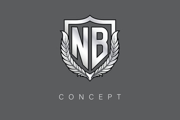 NB Creative Initial Letter Logo with Shield and Laurel Wreath Silver Metallic Branding Emblem on Gray Background.