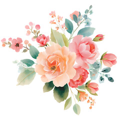 Elegant watercolor floral bouquet illustration with delicate peach and pink roses isolated