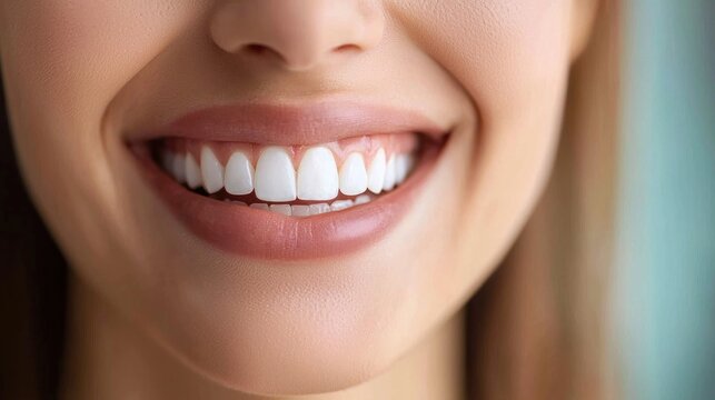 A woman's face with a smile, showing her teeth. The focus is on the dental concept of white teeth and healthy gums. The background is blurred, emphasizing the subject.