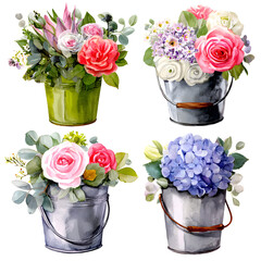 Elegant watercolor flower arrangements in buckets against a black backdrop