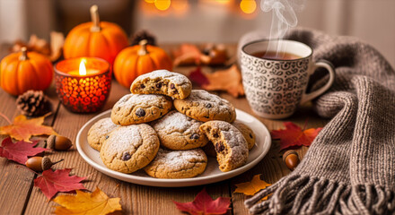 A cozy autumn scene with cookies, pumpkins, a candle, a mug, and a scarf near a warm fireplace glow