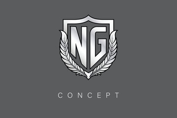 NG Creative Initial Letter Logo with Shield and Laurel Wreath Silver Metallic Branding Emblem on Gray Background.
