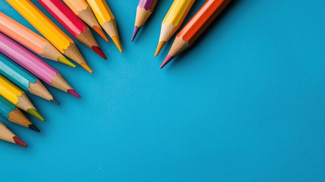 A colorful array of pencils on a blue background.
