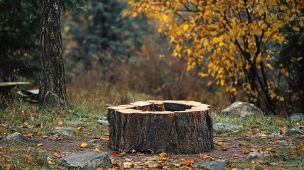 A tree stump in a forest with autumn leaves.
