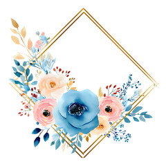 Elegant Floral Frame with Watercolor Roses and Golden Accents on a Black Background