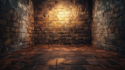 A dimly lit, stone-walled room with a single light source casting a warm glow on the floor.