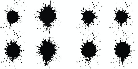 Collection of eight black ink splatters and drops on a white background