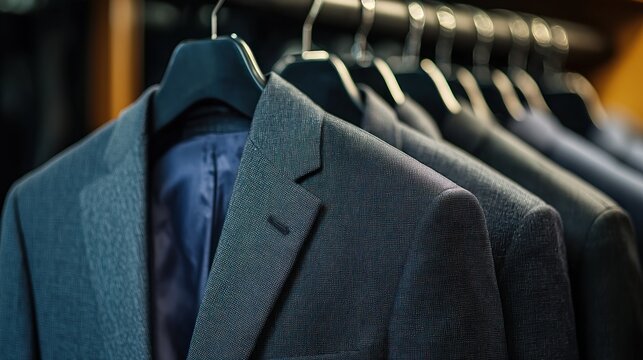 A row of neatly hung suits on a rack in a men's clothing store.
