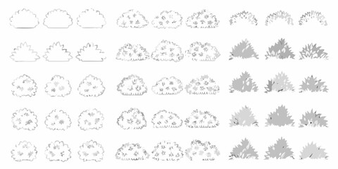 Collection of stylized bushes and shrubs in various shapes and levels of detail for design elements