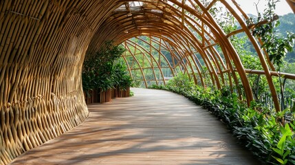 A wooden walkway with bamboo arches and greenery, leading towards a forested area.